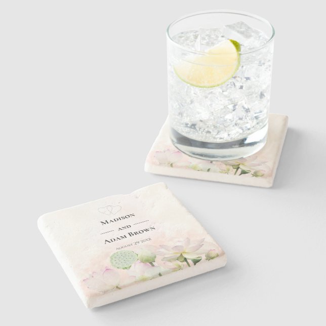 Gentle Water Lilies and Lotuses Watercolor Wedding Stone Coaster (Side)