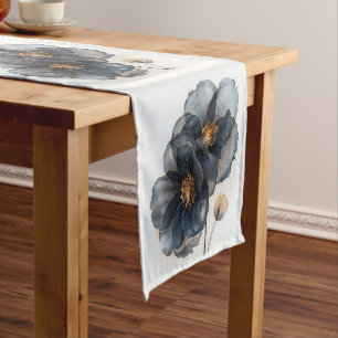 Gentle watercolor black and gold flowers short table runner
