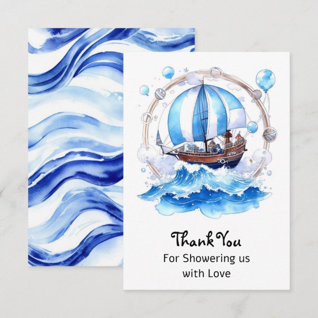 Gentle Waves: Nautical Boy Baby Shower Thank You Card (Front/Back)