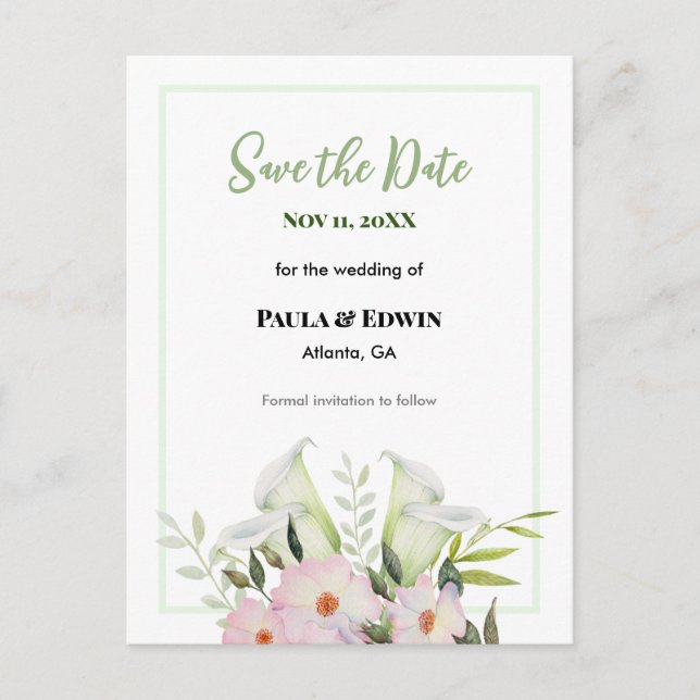 Gentle White Calla Lily Rose Wedding Save The Date Announcement Postcard (Front)
