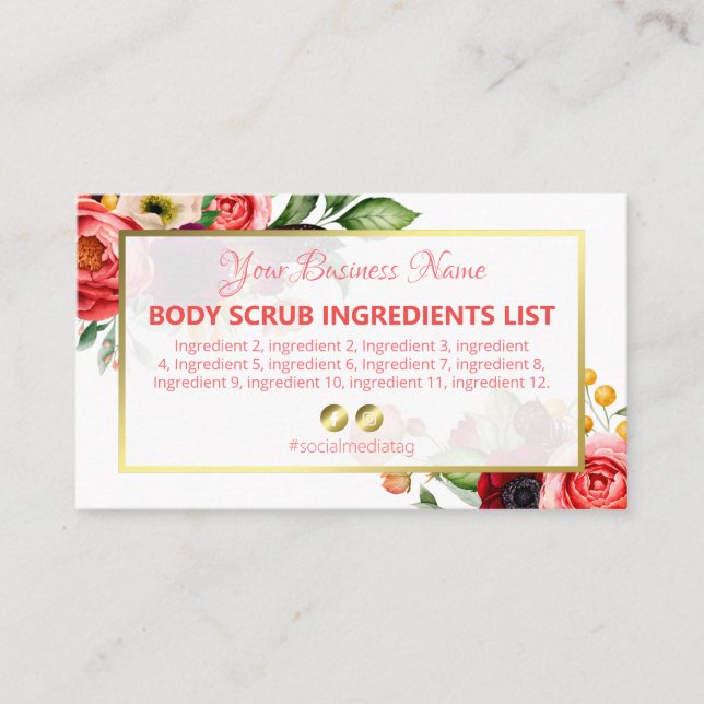 Gentle White Floral Spa Ingredients Instructions Business Card (Front)