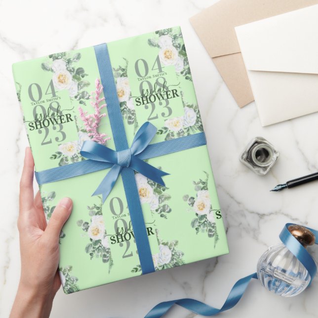 Gentle White Watercolor Roses Eucalyptus Wrapping Paper (Gifting)