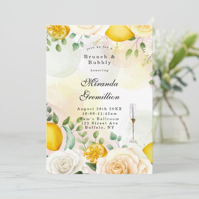 Gentle Yellow Roses Lemons Brunch and Bubbly  Invitation (Standing Front)