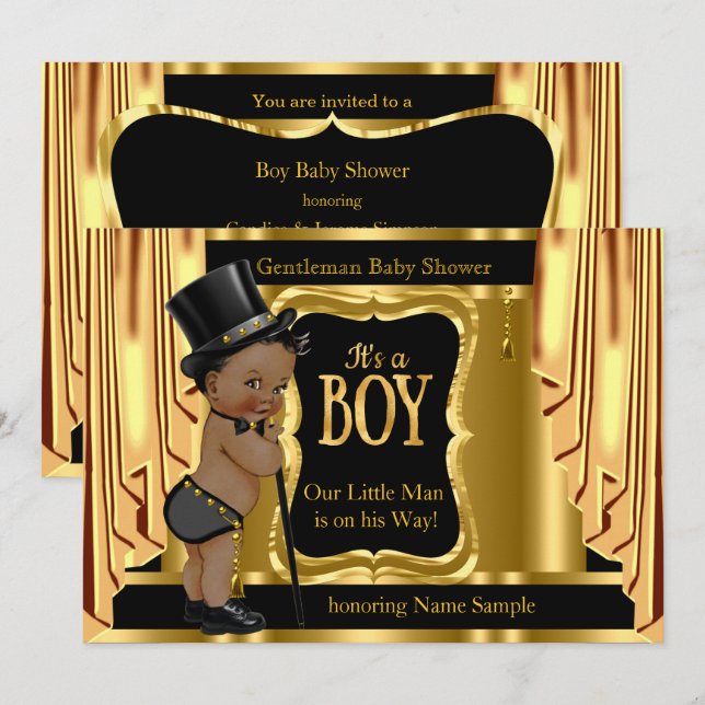 Gentleman Baby Shower Black Gold Drapes Ethnic Invitation (Front/Back)