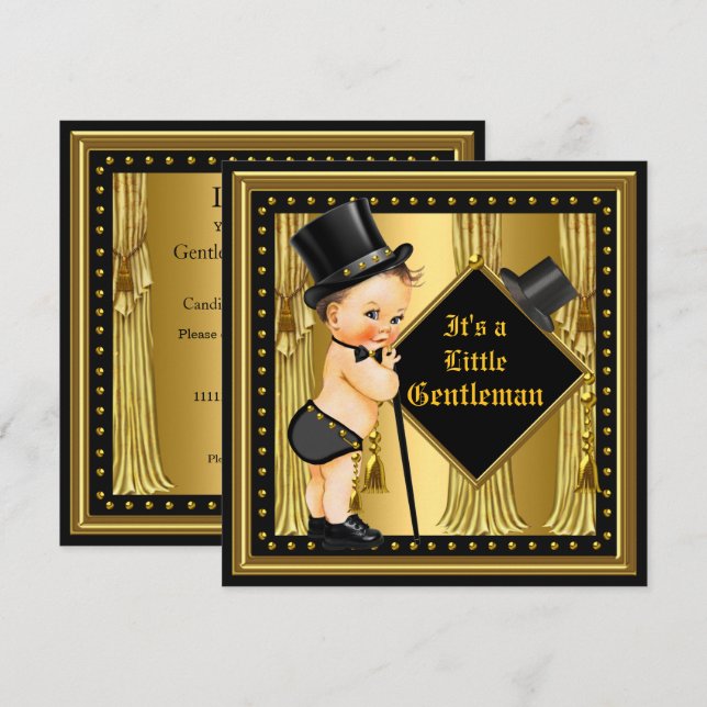 Gentleman Baby Shower Boy Gold Black Brunette Baby Invitation (Front/Back)