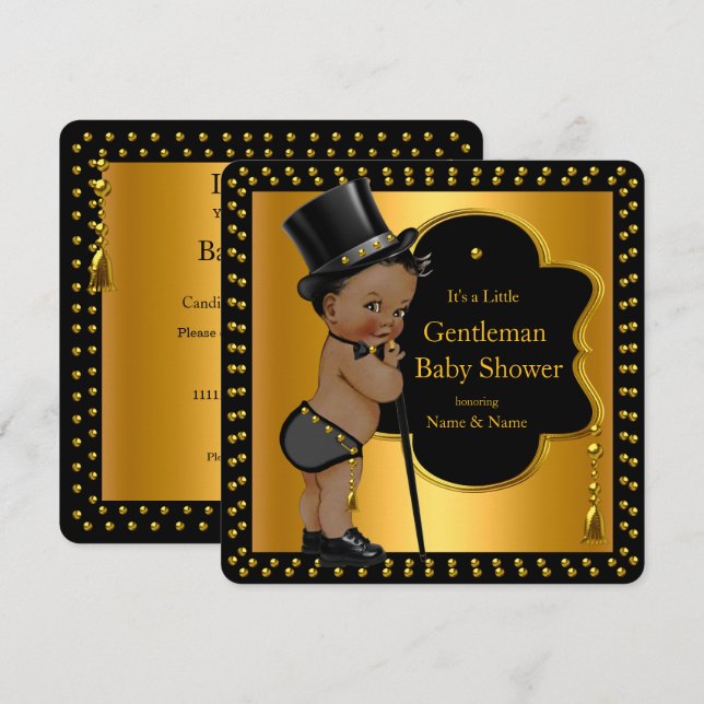 Gentleman Baby Shower Boy Tophat Cane Ethnic Invitation (Front/Back)