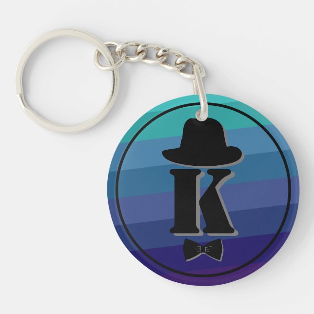 Gentleman hat bow blue ombre name initial monogram key ring (Front)