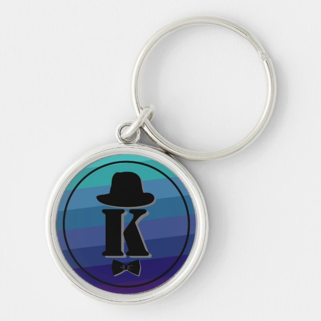 Gentleman hat bow blue ombre name initial monogram key ring (Front)