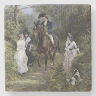 Gentleman on Horseback Meeting Ladies in a Forest Stone Coaster