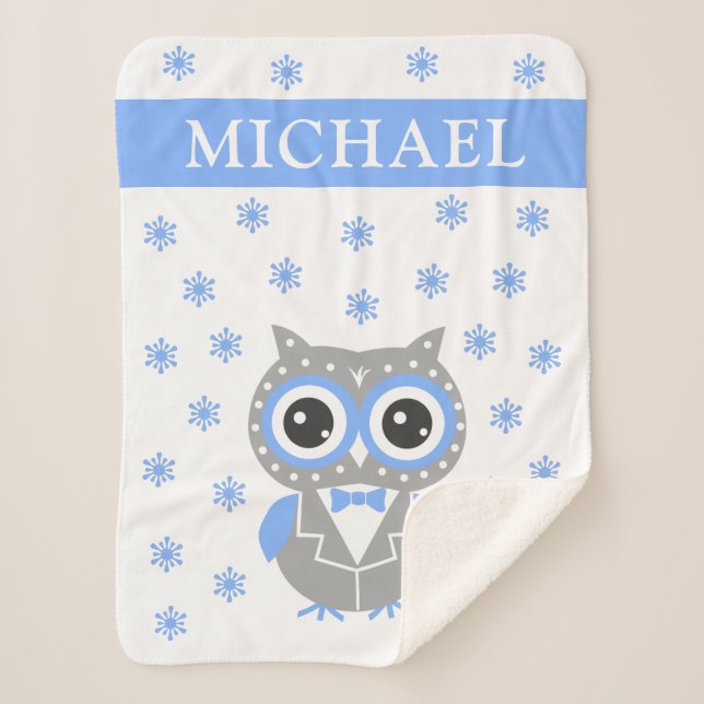 Gentleman Owl Blue Grey Baby Boy Sherpa Blanket (Front)