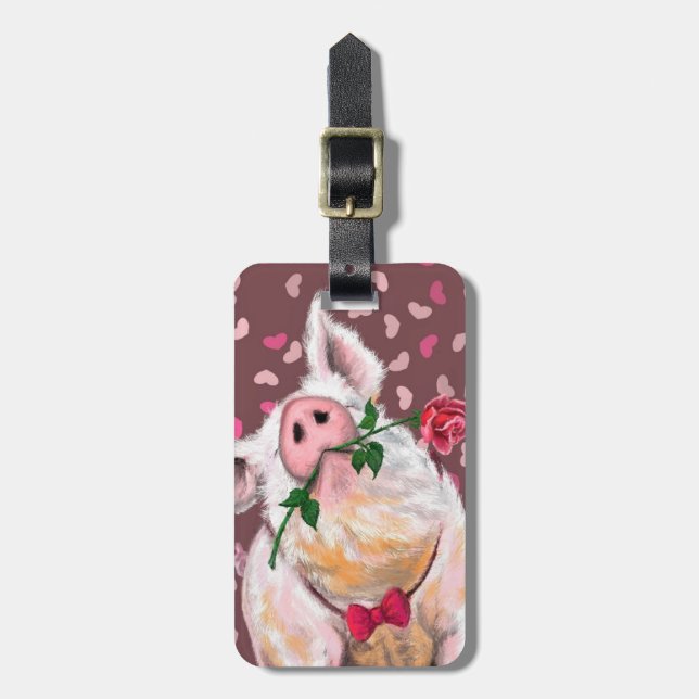 Gentleman Pig with Rose Luggage Tag Romantic (Front Vertical)