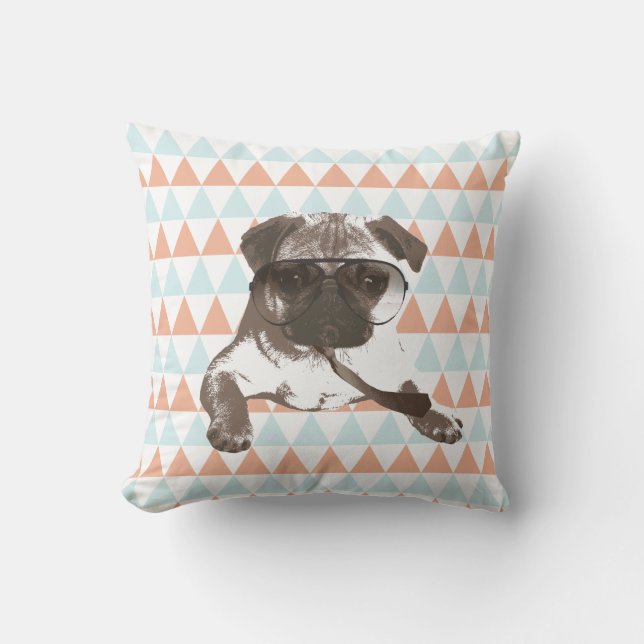 Gentleman Style Pug Colourful Triangle Pattern Cushion (Front)
