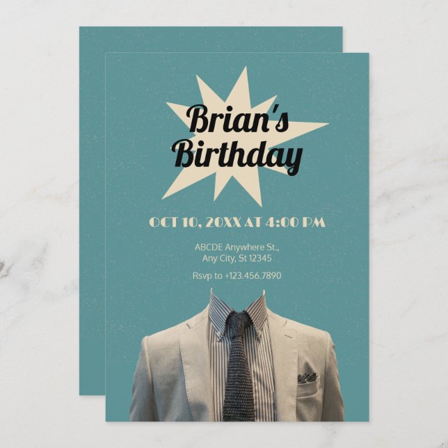 Gentleman suit art birthday  invitation (Front/Back)