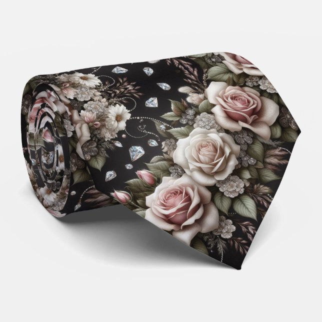 Gentleman's Neck Tie | Pink Roses & Diamonds (Rolled)