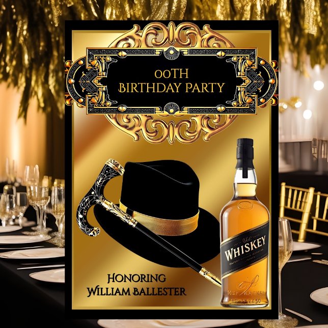 Gentlemen Hat Cane Whiskey Gold Black Birthday Invitation (Creator Uploaded)