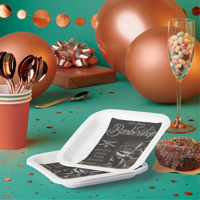 Gentlemen’s Barbershop Retro Haircuts Shaves Paper Plate (Creator Uploaded)