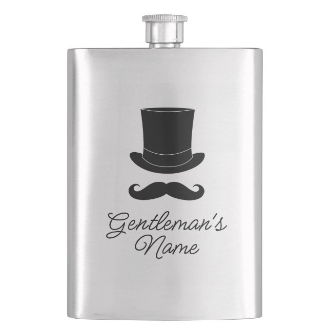 Gentlemen's dapper hat and moustache custom drink hip flask (Front)