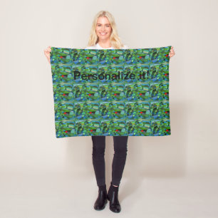 Gently curved shapes in cool green & red accents fleece blanket