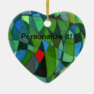 Gently curved shapes in cool greens & red accents ceramic tree decoration