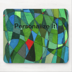 Gently curved shapes in cool greens & red accents mouse mat