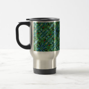 Gently curved shapes in tiled green & red accents travel mug