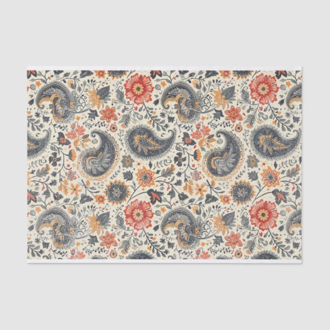 Gently Distressed Orange & Blue Paisley Pattern Tissue Paper (Front)