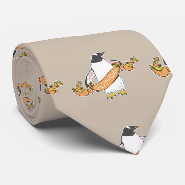 Gentoo penguin Japanese writing Kanji Tie (Rolled)