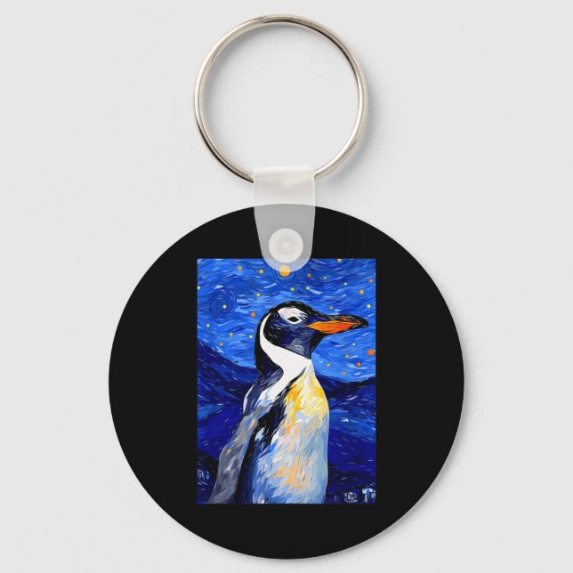 Gentoo Penguin Starry Night Painting Men Women Kid Key Ring (Front)