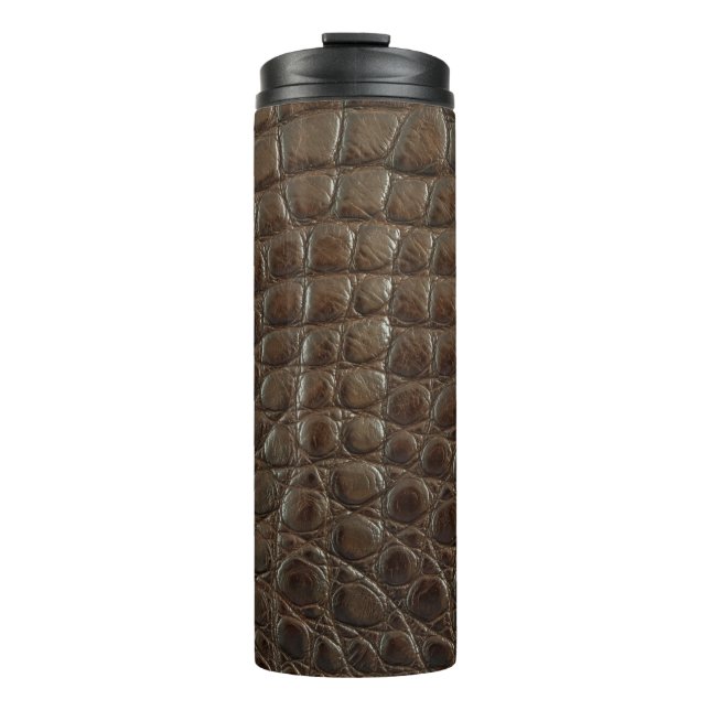 Genuine brown alligator leather, close up to show  thermal tumbler (Front)