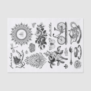 Genuine (not AI) Vintage Black & White Line Art 01 Tissue Paper