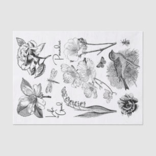 Genuine (not AI) Vintage Black & White Line Art 04 Tissue Paper