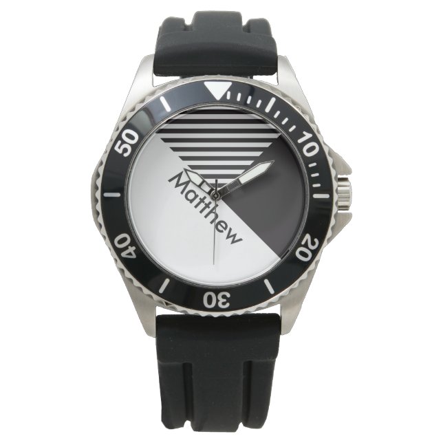 Geo Abstract Minimal Black White Stripes Name Watch (Front)