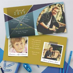 Geo Blue Criss Cross Colour Block Photo Graduation Thank You Card