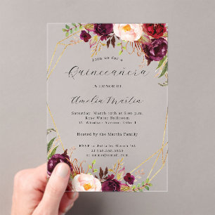 Geo Clear Acrylic Burgundy Floral Quinceanera  Acrylic Invitations