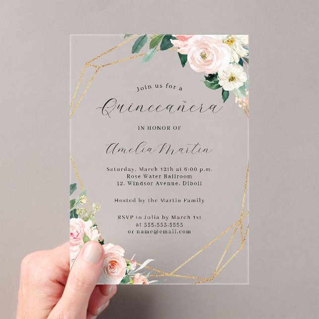Geo Clear Acrylic Floral Quinceanera  Acrylic Invitations (Insitu (Handheld))