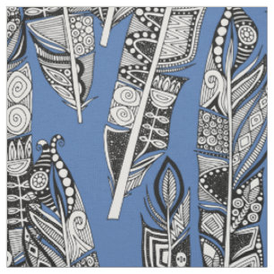 geo feathers blue fabric