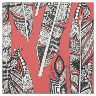 geo feathers red fabric