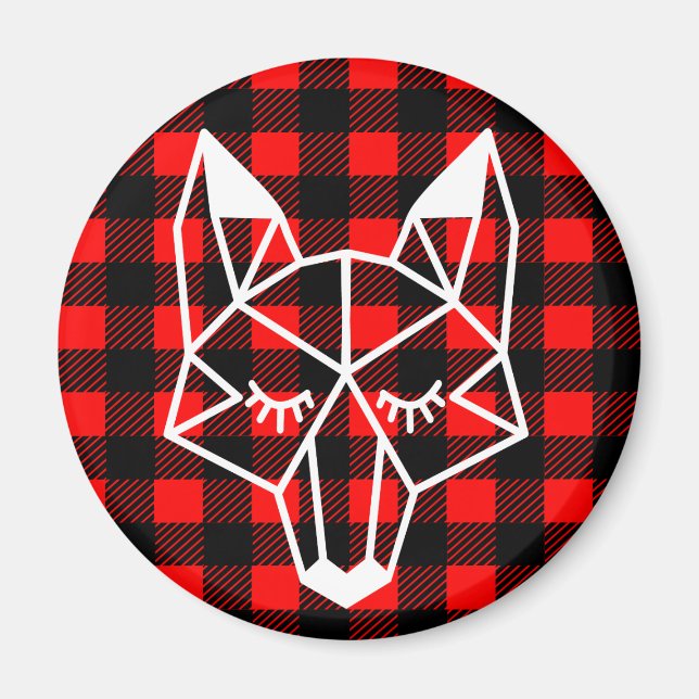 Geo Fox & Rustic Black Red Buffalo Check Plaid Magnet (Front)