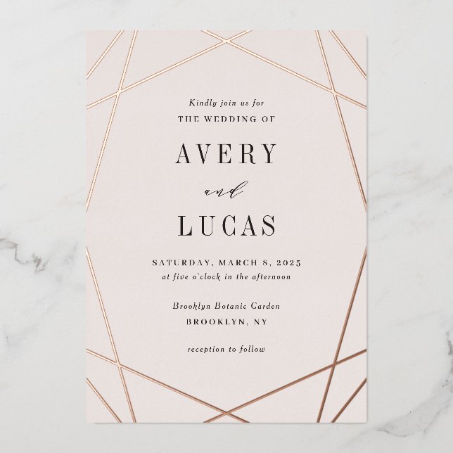 Geo Frame Foil Editable Colour Wedding Invitation  (Front)