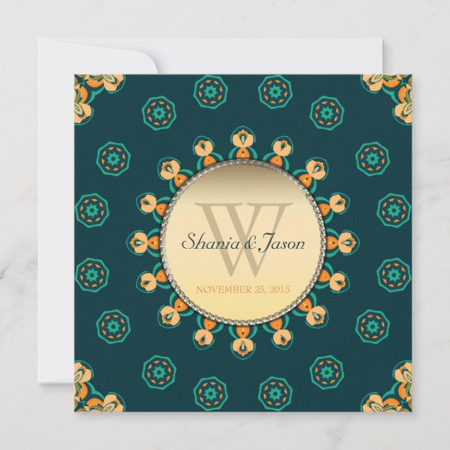 Geo Gems Circle Monogram Teal Gold Wedding Invitation (Front)