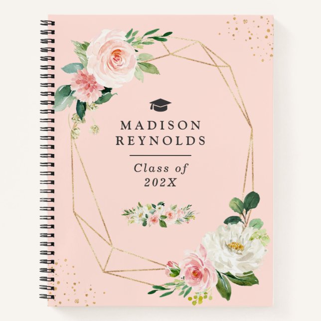 Geo Gold Frame Blush Pink Floral Graduation  Notebook (Front)