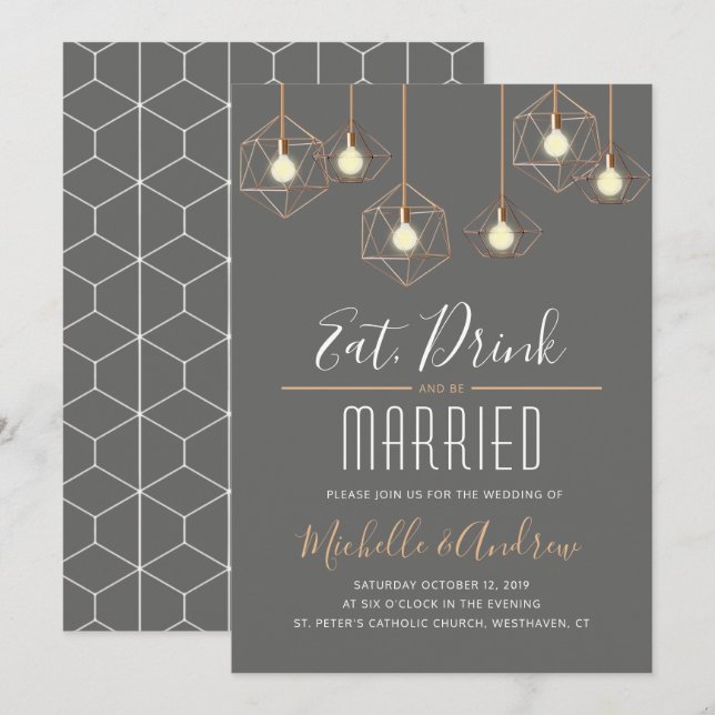Geo Lights Eat Drink and be Married Grey Wedding Invitation (Front/Back)