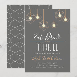 Geo Lights Eat Drink and be Married Grey Wedding Invitation