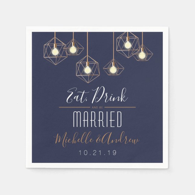 Geo Lights Eat Drink and be Married Navy Wedding Napkin (Front)