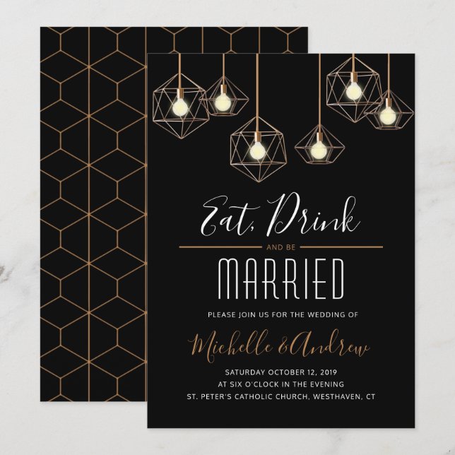 Geo Lights Eat Drink and be Married Wedding Invitation (Front/Back)