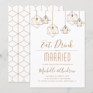 Geo Lights Eat Drink and be Married White Wedding Invitation