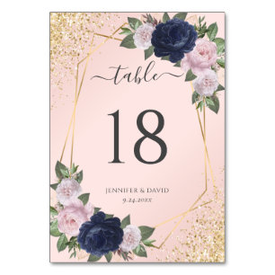 Geo Navy Blue Blush Gold Confetti Floral Wedding Table Number