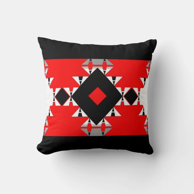 Geo Romance  on-Black/White/Grey/Red Cushion (Front)