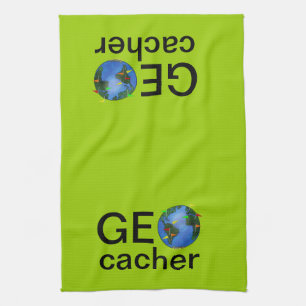 Geocacher Earth with Flags Geocaching Custom Tea Towel