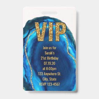 Geode Agate Blue Gold Birthday VIP Pass Invitation ID Badge